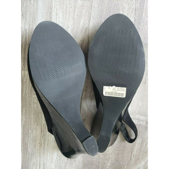 Coldwater Creek Suede Rose Sling Wedge Peep Toe Sandals Womens 8.5 Black NEW - Picture 9 of 14